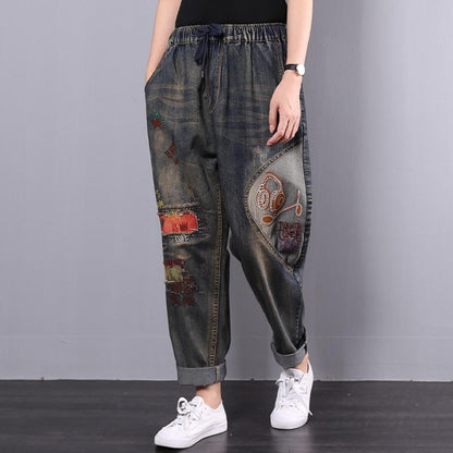 Retro Embroidery Patchwork Women Jeans Plus Size