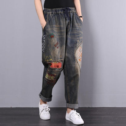 Retro Embroidery Patchwork Women Jeans Plus Size