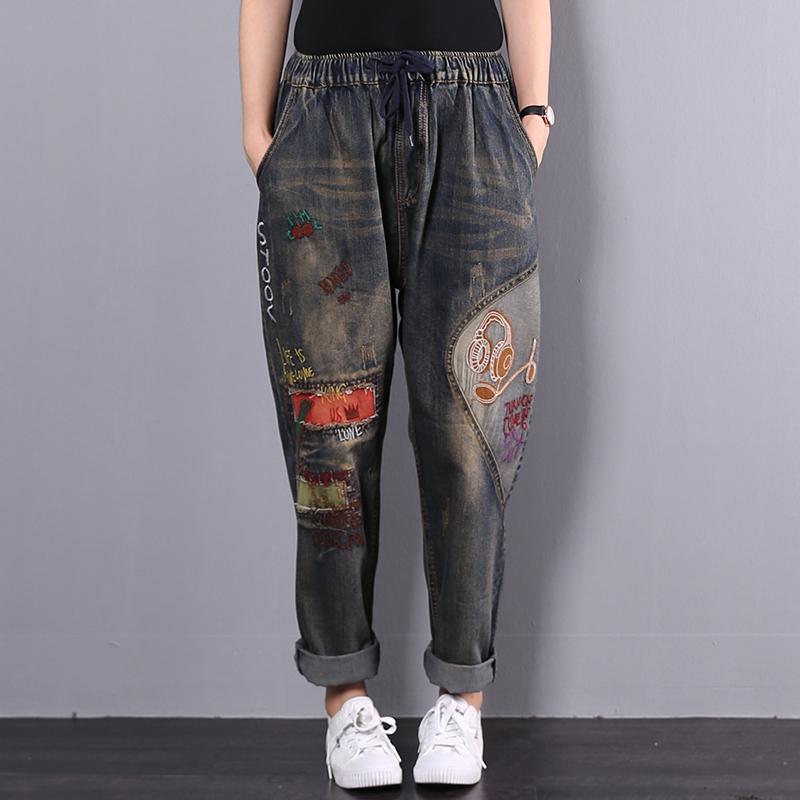 Retro Embroidery Patchwork Women Jeans Plus Size