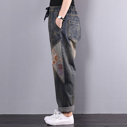 Retro Embroidery Patchwork Women Jeans Plus Size