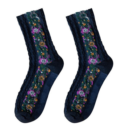 Retro Floral Jacquard Socks - 5 Pairs
