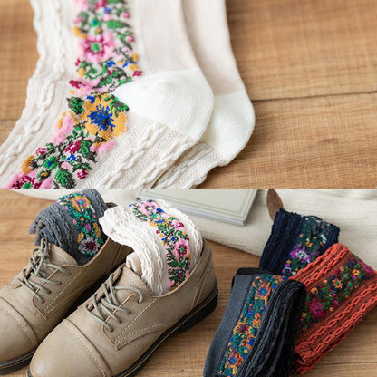 Retro Floral Jacquard Socks - 5 Pairs