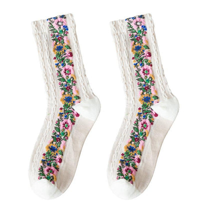 Retro Floral Jacquard Socks - 5 Pairs