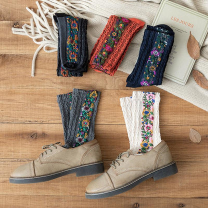 Retro Floral Jacquard Socks - 5 Pairs