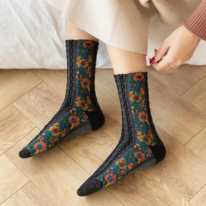 Retro Floral Jacquard Socks - 5 Pairs