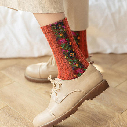 Retro Floral Jacquard Socks - 5 Pairs