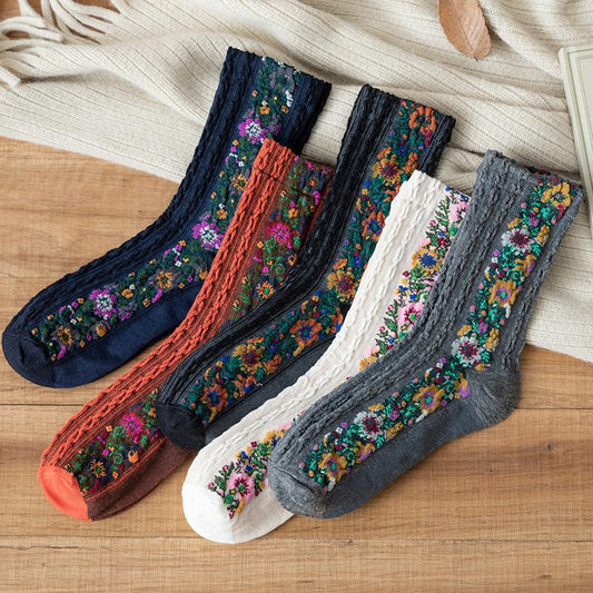 Retro Floral Jacquard Socks - 5 Pairs