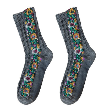 Retro Floral Jacquard Socks - 5 Pairs