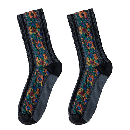 Retro Floral Jacquard Socks - 5 Pairs