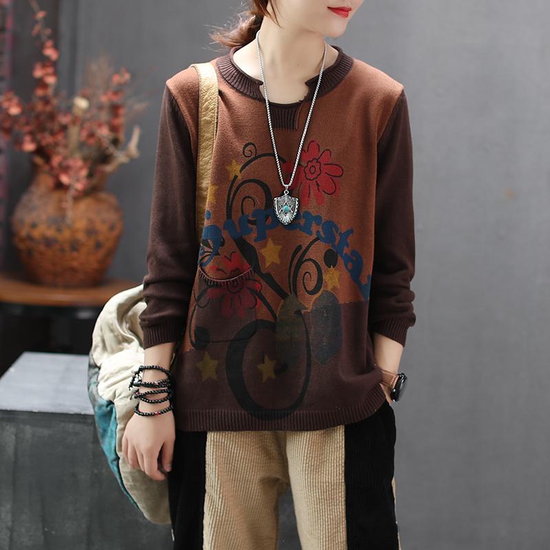 Retro Flower Printed Loose Knitting Shirt