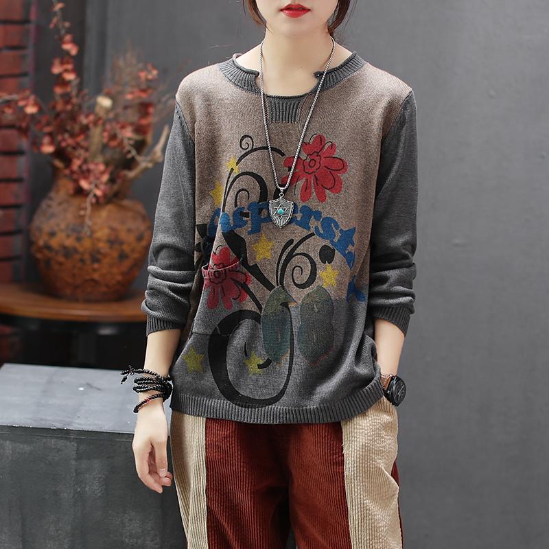 Retro Flower Printed Loose Knitting Shirt