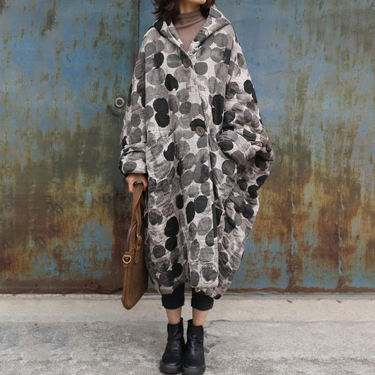 Plus Size - Retro Ink Dot Loose Hooded Overcoat
