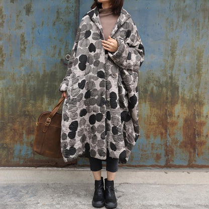 Plus Size - Retro Ink Dot Loose Hooded Overcoat
