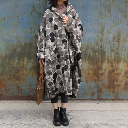 Plus Size - Retro Ink Dot Loose Hooded Overcoat