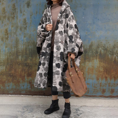 Plus Size - Retro Ink Dot Loose Hooded Overcoat