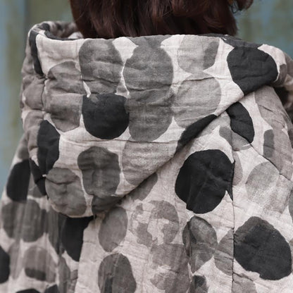 Plus Size - Retro Ink Dot Loose Hooded Overcoat