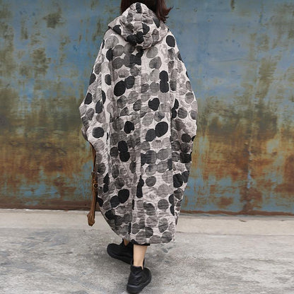 Plus Size - Retro Ink Dot Loose Hooded Overcoat