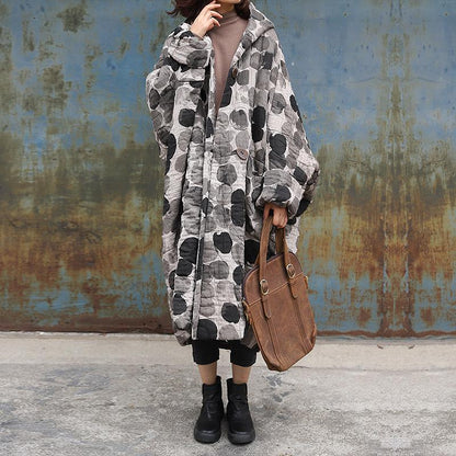 Plus Size - Retro Ink Dot Loose Hooded Overcoat