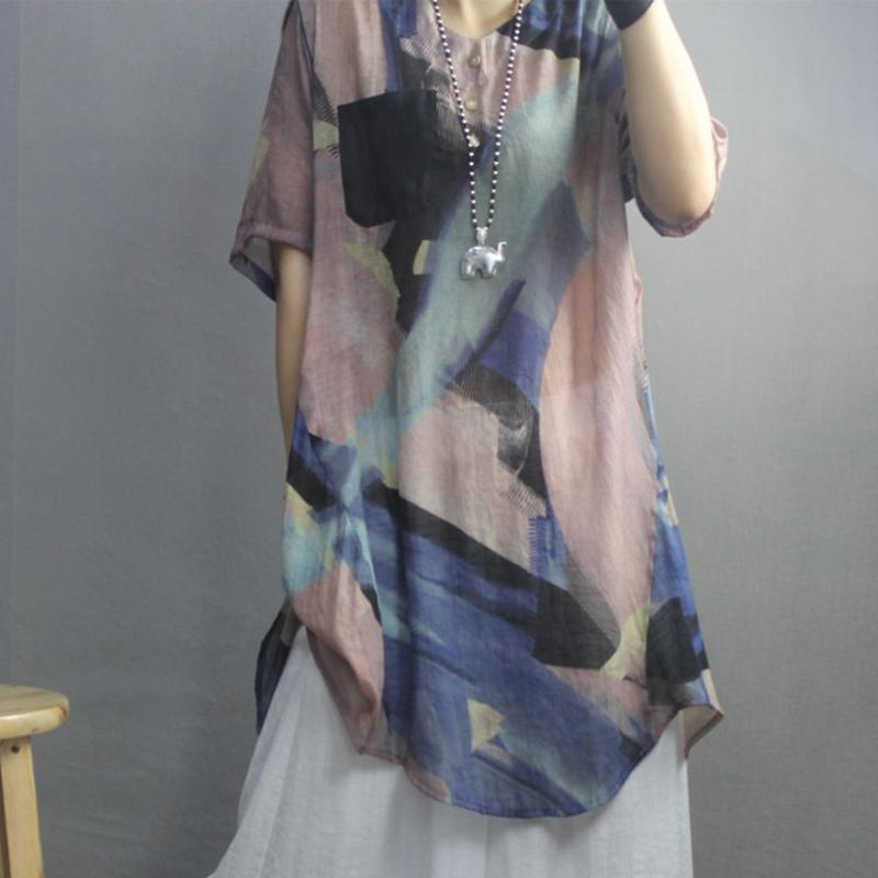 Retro Irregular Print Pockets Color Matching Blouse