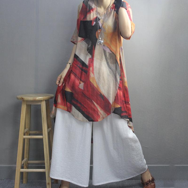 Retro Irregular Print Pockets Color Matching Blouse