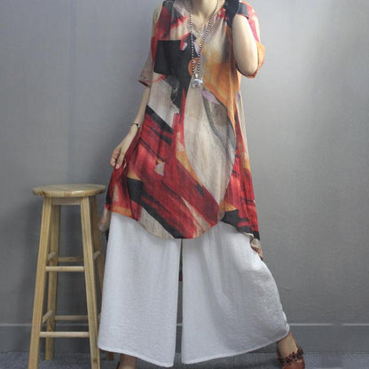 Retro Irregular Print Pockets Color Matching Blouse