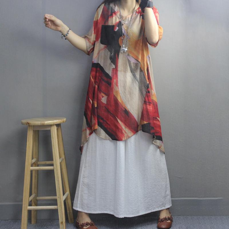 Retro Irregular Print Pockets Color Matching Blouse