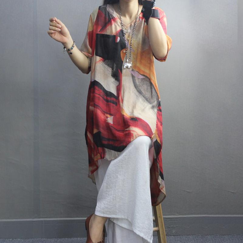 Retro Irregular Print Pockets Color Matching Blouse