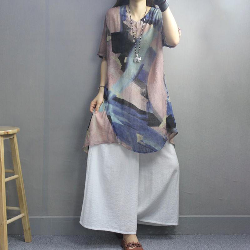 Retro Irregular Print Pockets Color Matching Blouse