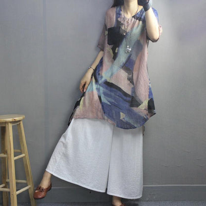 Retro Irregular Print Pockets Color Matching Blouse