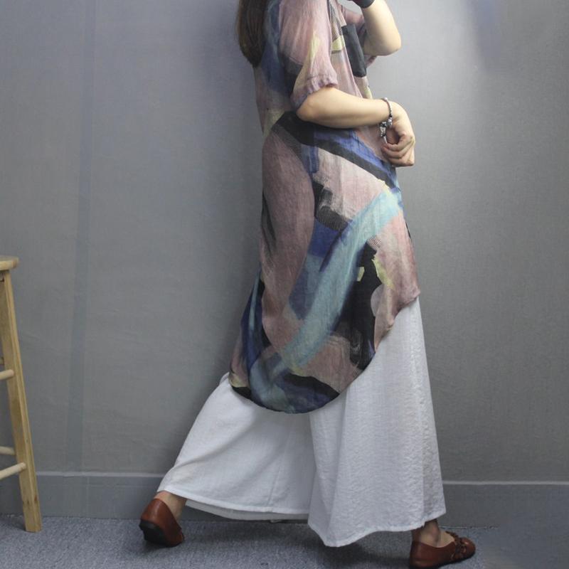 Retro Irregular Print Pockets Color Matching Blouse