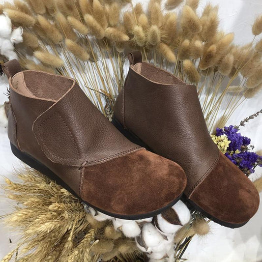 Retro Leather Spliced Women's Low Boots