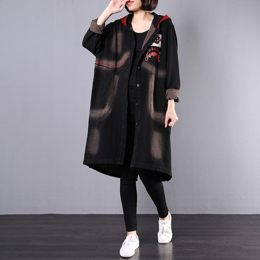 Retro Letter Patchwork Sequins Hooded Trench Coat