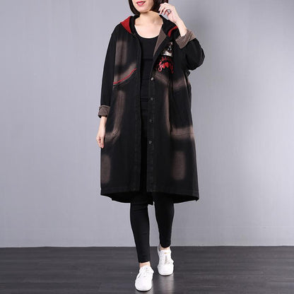 Retro Letter Patchwork Sequins Hooded Trench Coat