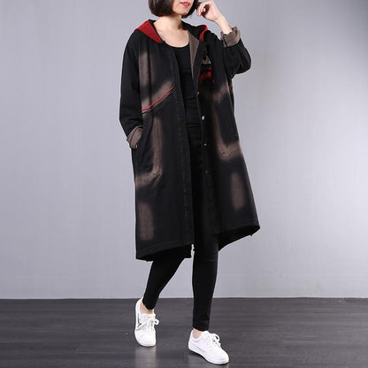 Retro Letter Patchwork Sequins Hooded Trench Coat