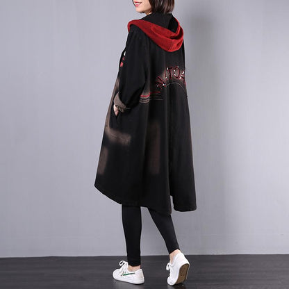 Retro Letter Patchwork Sequins Hooded Trench Coat