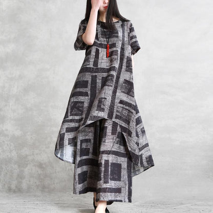 Retro Linen Loose Irregular Hem Top And Wide Leg Pants