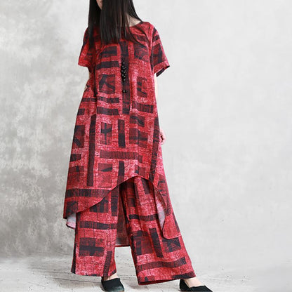 Retro Linen Loose Irregular Hem Top And Wide Leg Pants