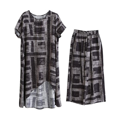 Retro Linen Loose Irregular Hem Top And Wide Leg Pants