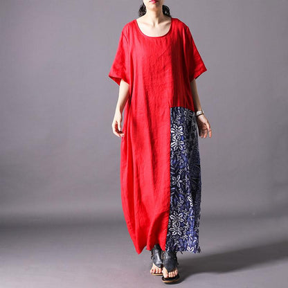 Retro Linen Spliced Short Sleeve Dress
