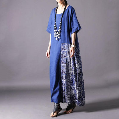 Retro Linen Spliced Short Sleeve Dress
