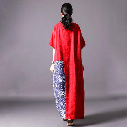 Retro Linen Spliced Short Sleeve Dress