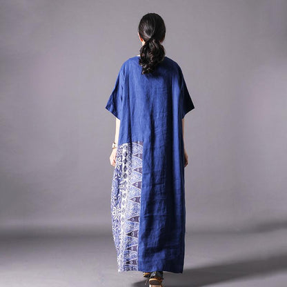 Retro Linen Spliced Short Sleeve Dress