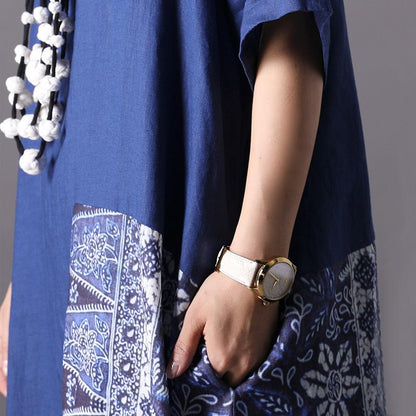 Retro Linen Spliced Short Sleeve Dress