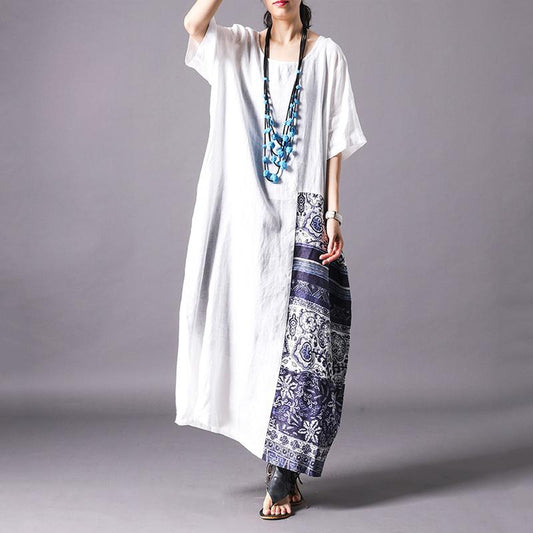 Retro Linen Spliced Short Sleeve Dress