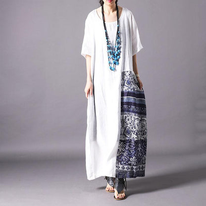 Retro Linen Spliced Short Sleeve Dress