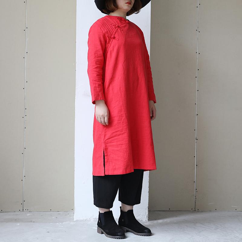 Retro Long Sleeve Women Pleated Side Slit Dress