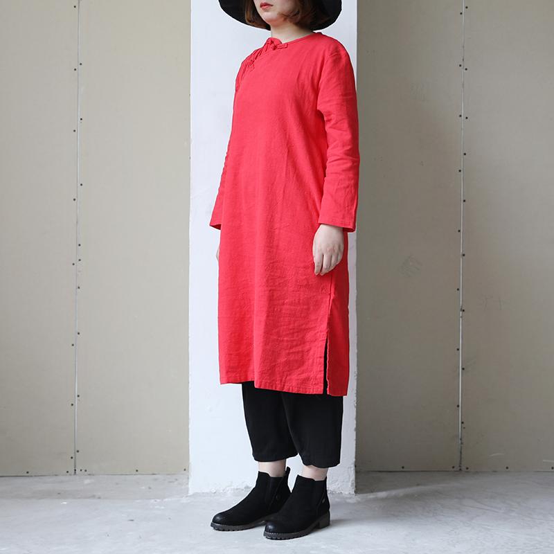 Retro Long Sleeve Women Pleated Side Slit Dress