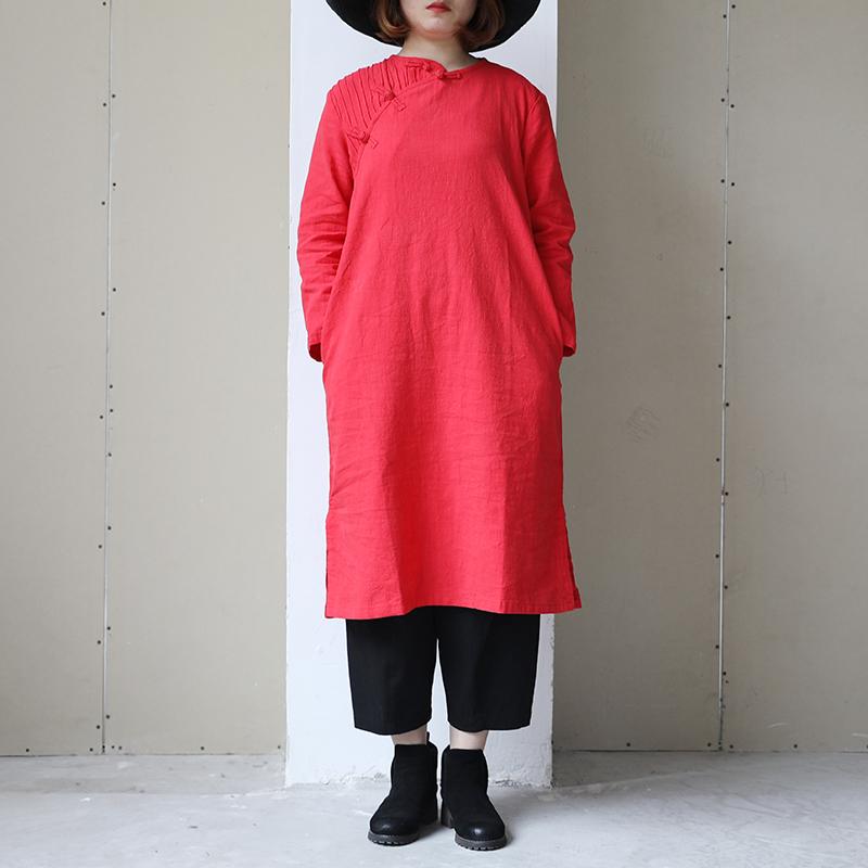 Retro Long Sleeve Women Pleated Side Slit Dress