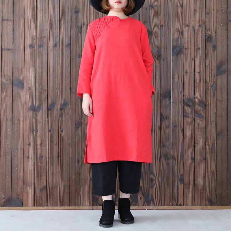 Retro Long Sleeve Women Pleated Side Slit Dress