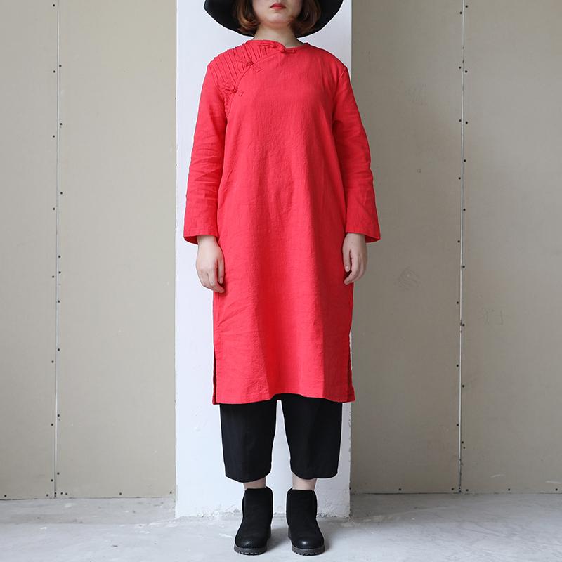 Retro Long Sleeve Women Pleated Side Slit Dress